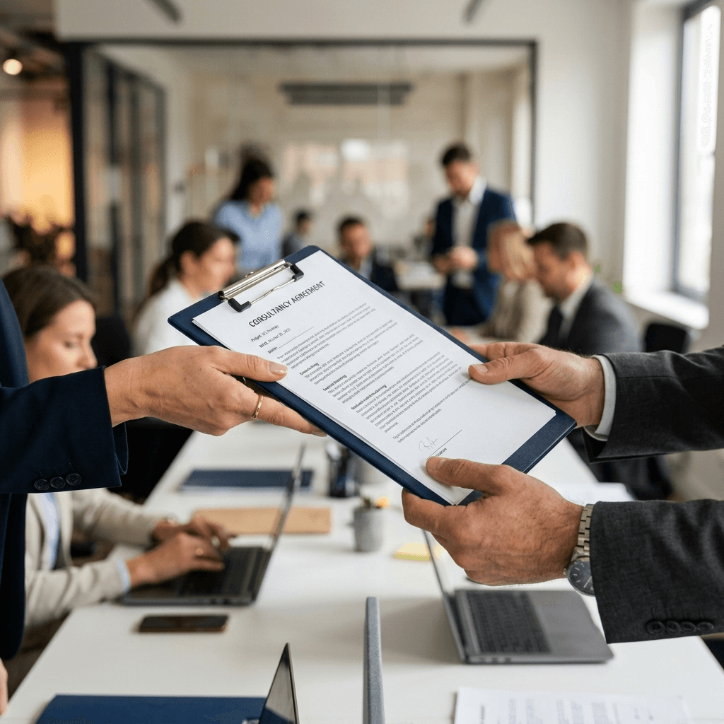 Errand helper handing documents